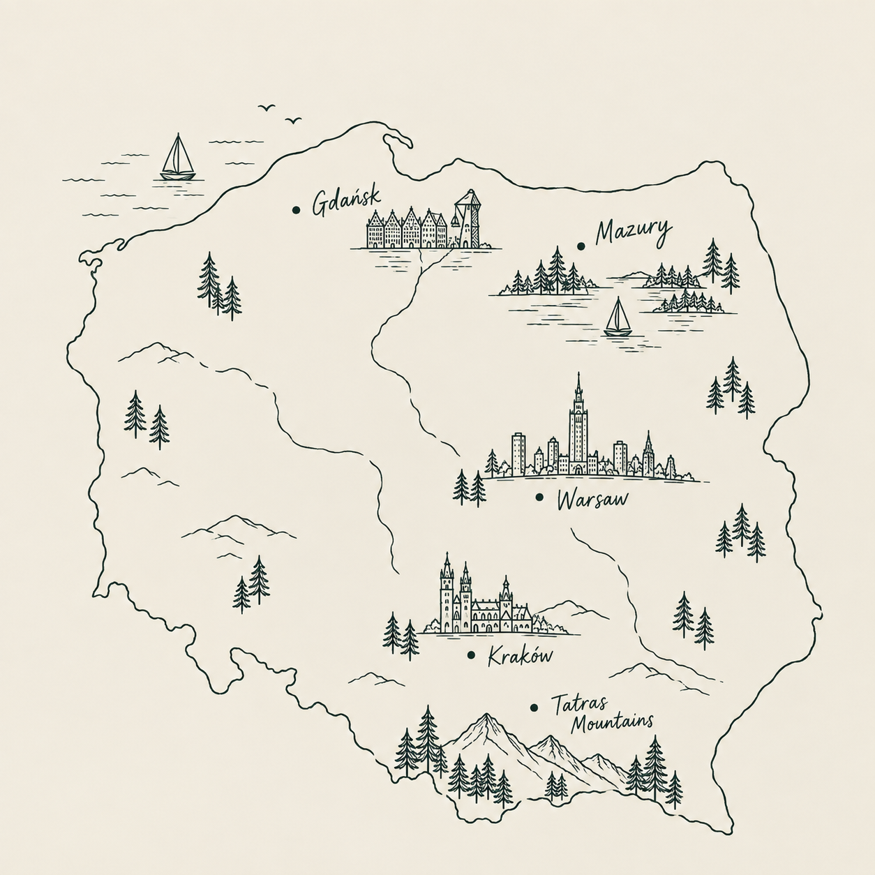 Illustrated map of Poland with Warsaw, Kraków, Gdańsk, Mazury and the Tatra Mountains marked